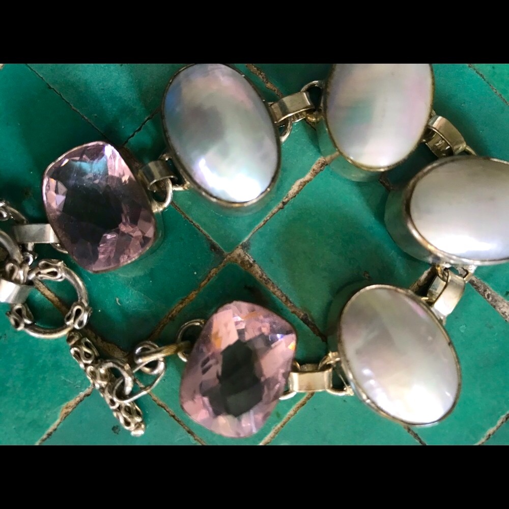 Beach chic bracelet ,abalone shell, pink crystal